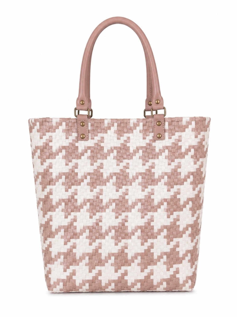 Blush Pink & White Woven Tote Bag Faux Leather Shoulder Summer Beach Shopper